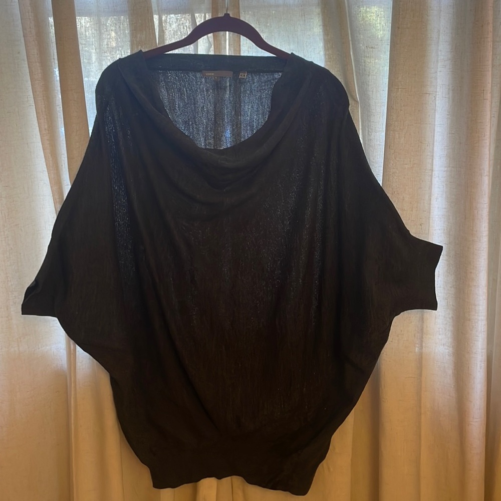 Vince charcoal, cowl, 3/4 sleeves.  70 merino wool, 20 acrylic and 10 cashmere.